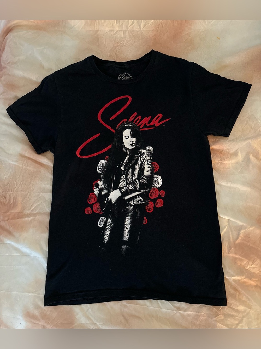 Official Selena Black Graphic T Shirt 90’s Style with Red Script and Rose Motif